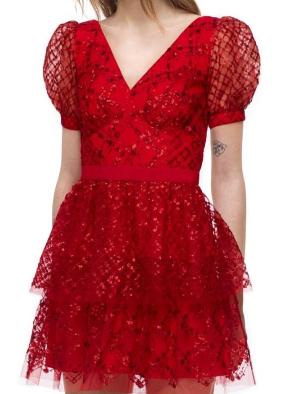 Self Portrait Red Grid Sequin Mini Fit Flare Dress Tulle US 0 Embellished